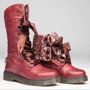 Dr. Martens Red Combat Moto Boots with Floral Accents